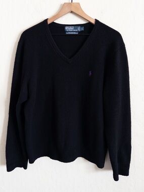 Vintage 90s Polo Ralph Lauren 100% Lambs Wool V-Neck Sweater Large Black Classic